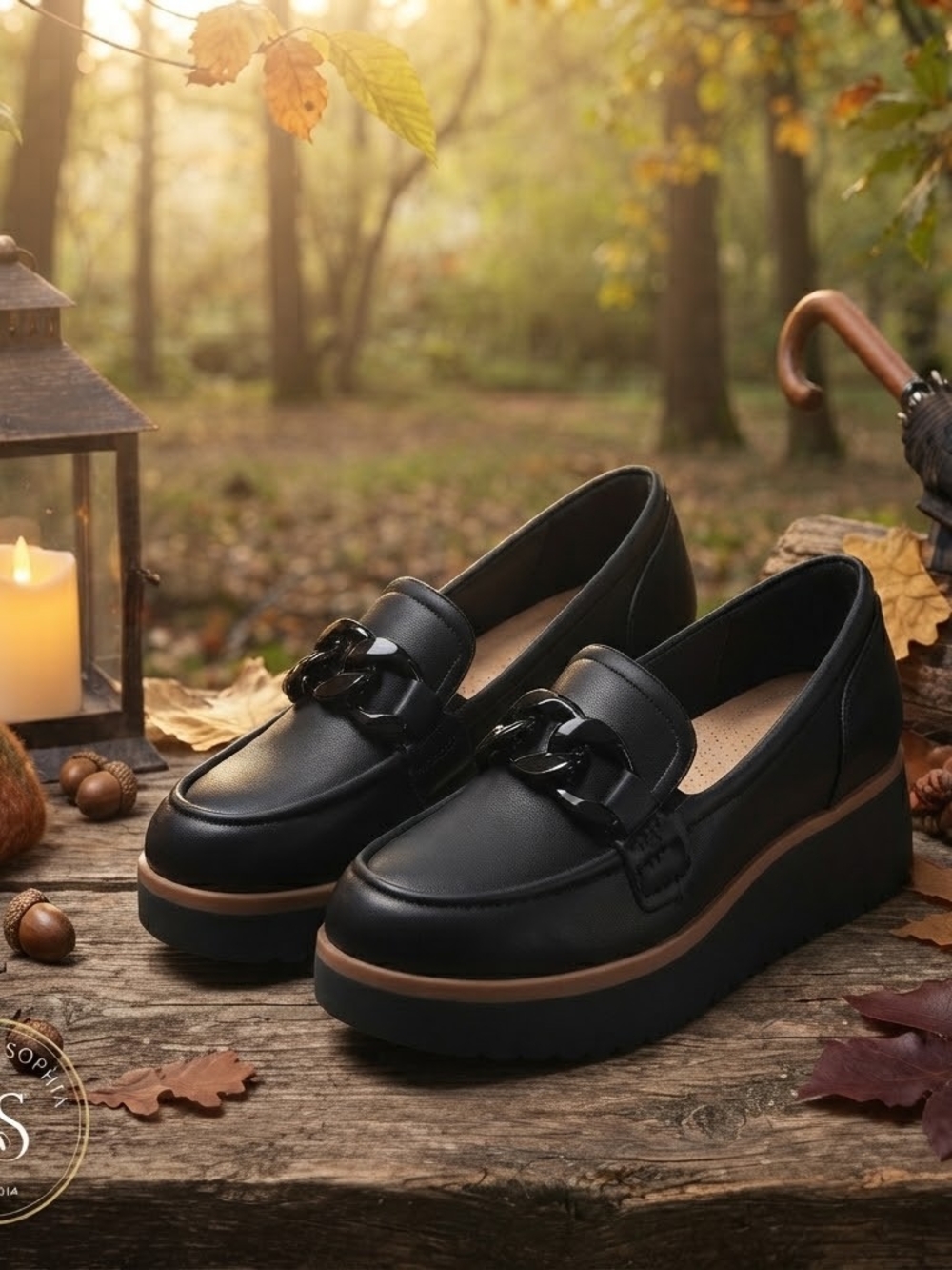 Clarks Zylah May Black Leather Platform Loafers with Glossy Chain Accent Size 8